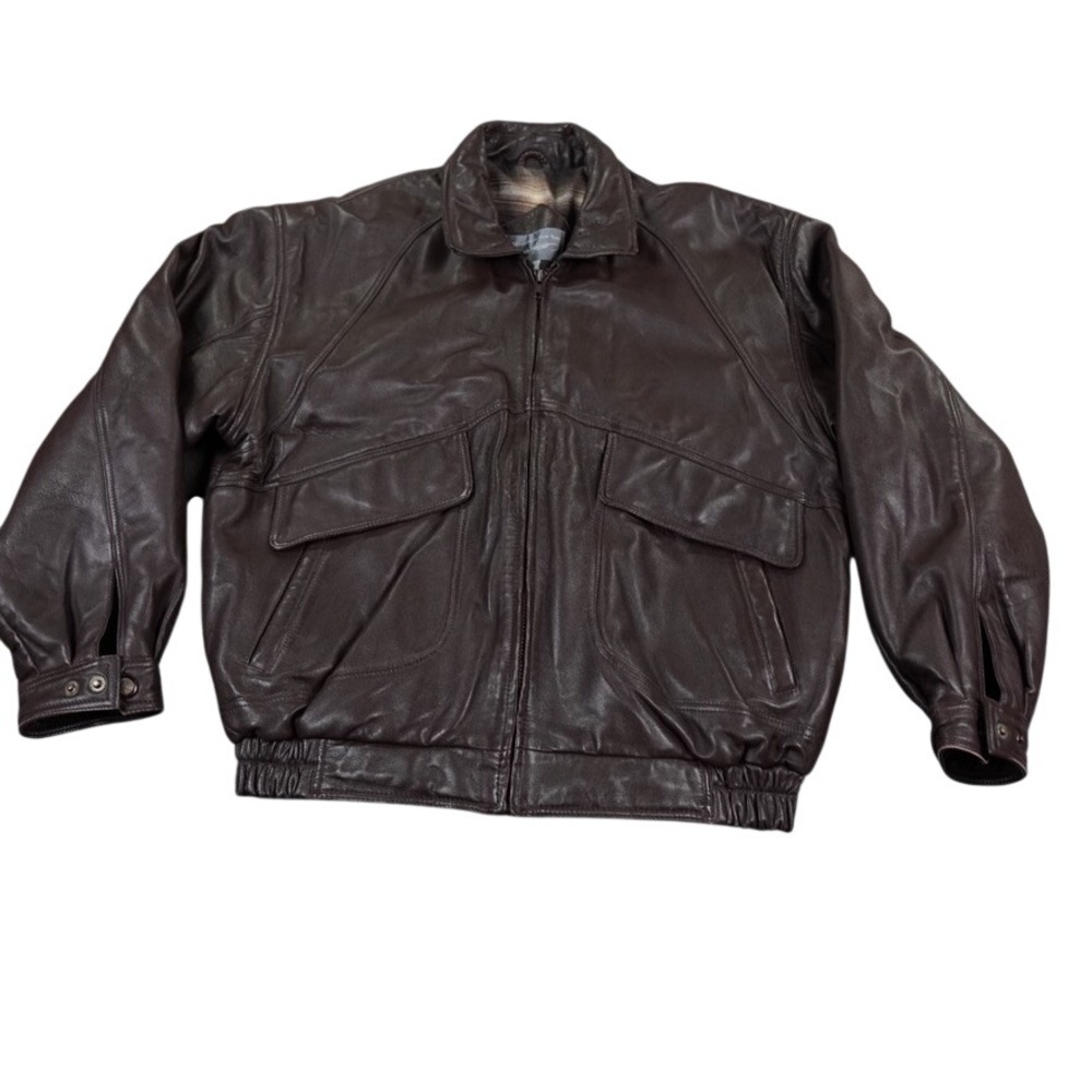 Lord Taylor Bomber Jacket Men L Brown Leather Plaid Lined Flap Pockets Vintage